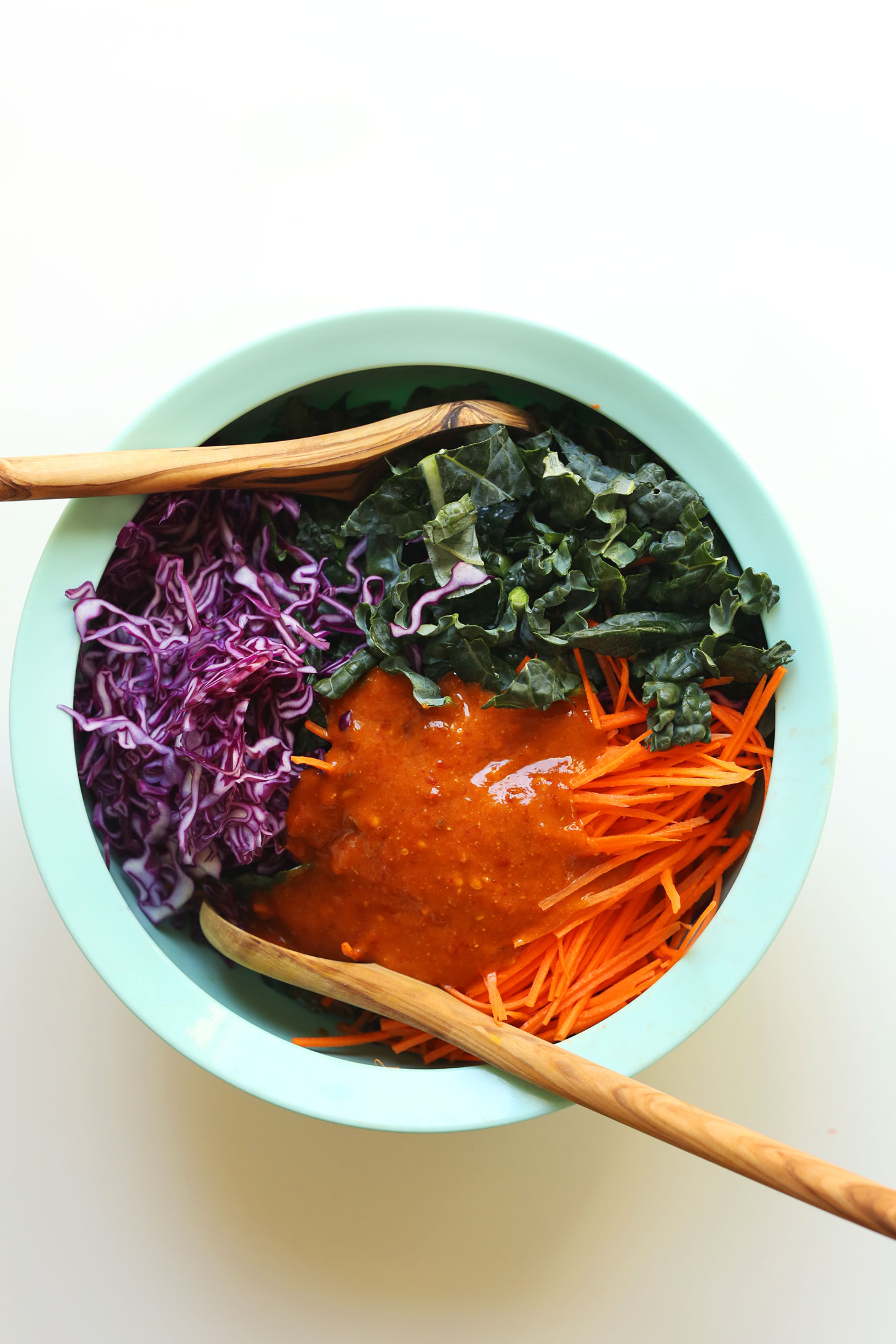 Big bowl of ingredients for our crunchy Asian Kale Salad recipe