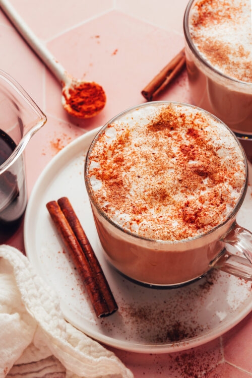 Overhead shot of two mugs of our creamy mayan mocha recipe