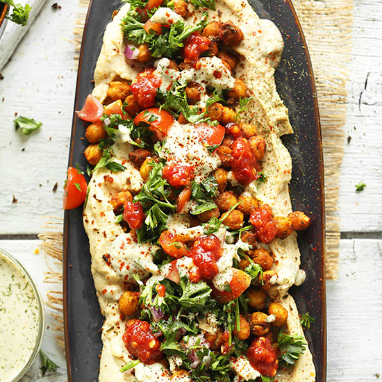 Platter of Shawarma Dip made with chickpeas and fresh vegetables