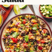 Overhead view of a bowl of our simple quinoa black bean salad recipe