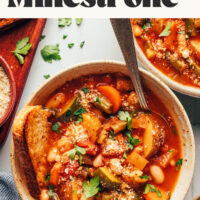 Overhead photo of a bowl of vegan white bean minestrone