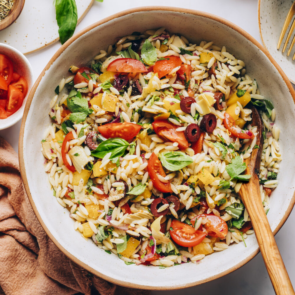 Overhead shot of a bowl of Mediterranean orzo pasta salad