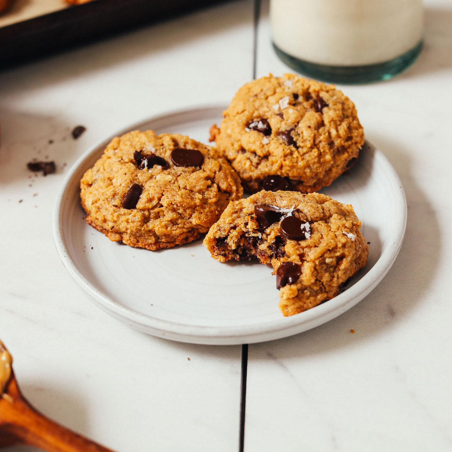 Plate with three Peanut Butter Chocolate Chip Cookies