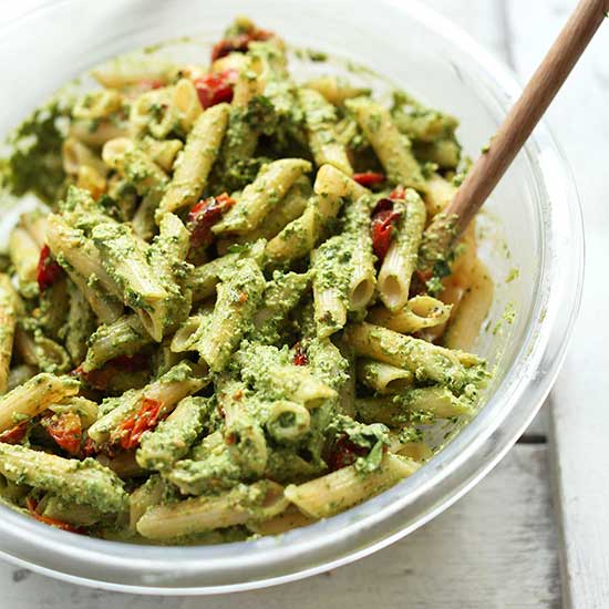 Glass bowl filled with our Vegan Gluten-Free Penne Pasta Salad recipe