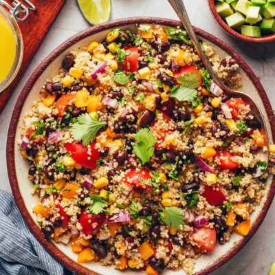 Overhead photo of a bowl of our southwest quinoa black bean salad recipe