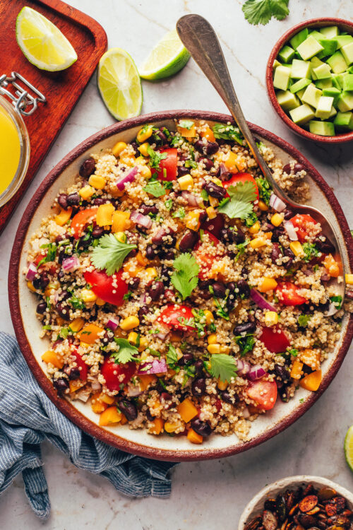 Overhead photo of a bowl of our southwest quinoa black bean salad recipe