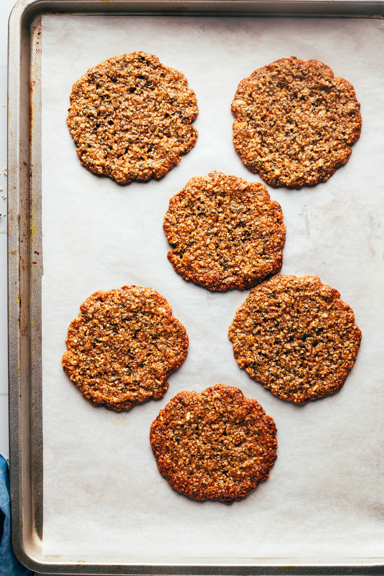 Freshly baked Florentine cookies on a baking sheet