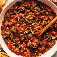 Skillet of our white bean eggplant caponata